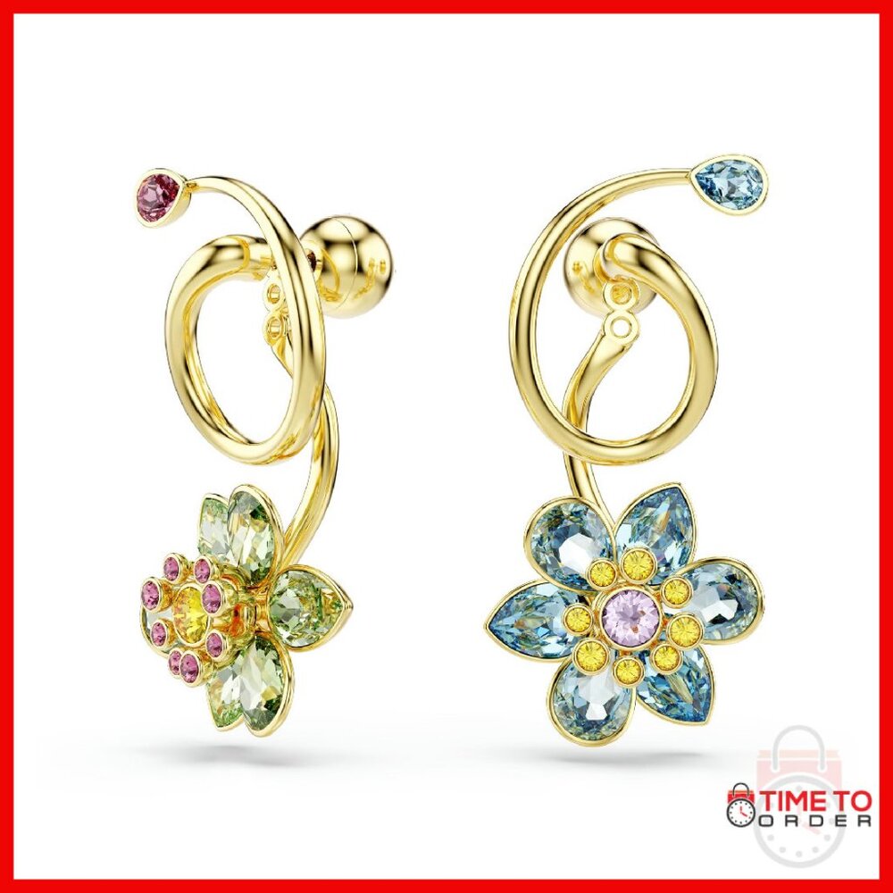Asymmetrical Drop Earrings Gold-Tone Crystal Flower Lever Back